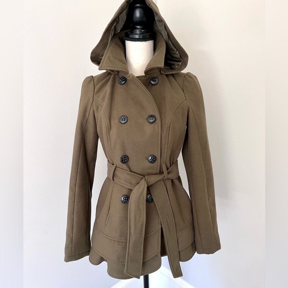 Hooded Double Breasted Olive Pea Coat with Ruffle hem